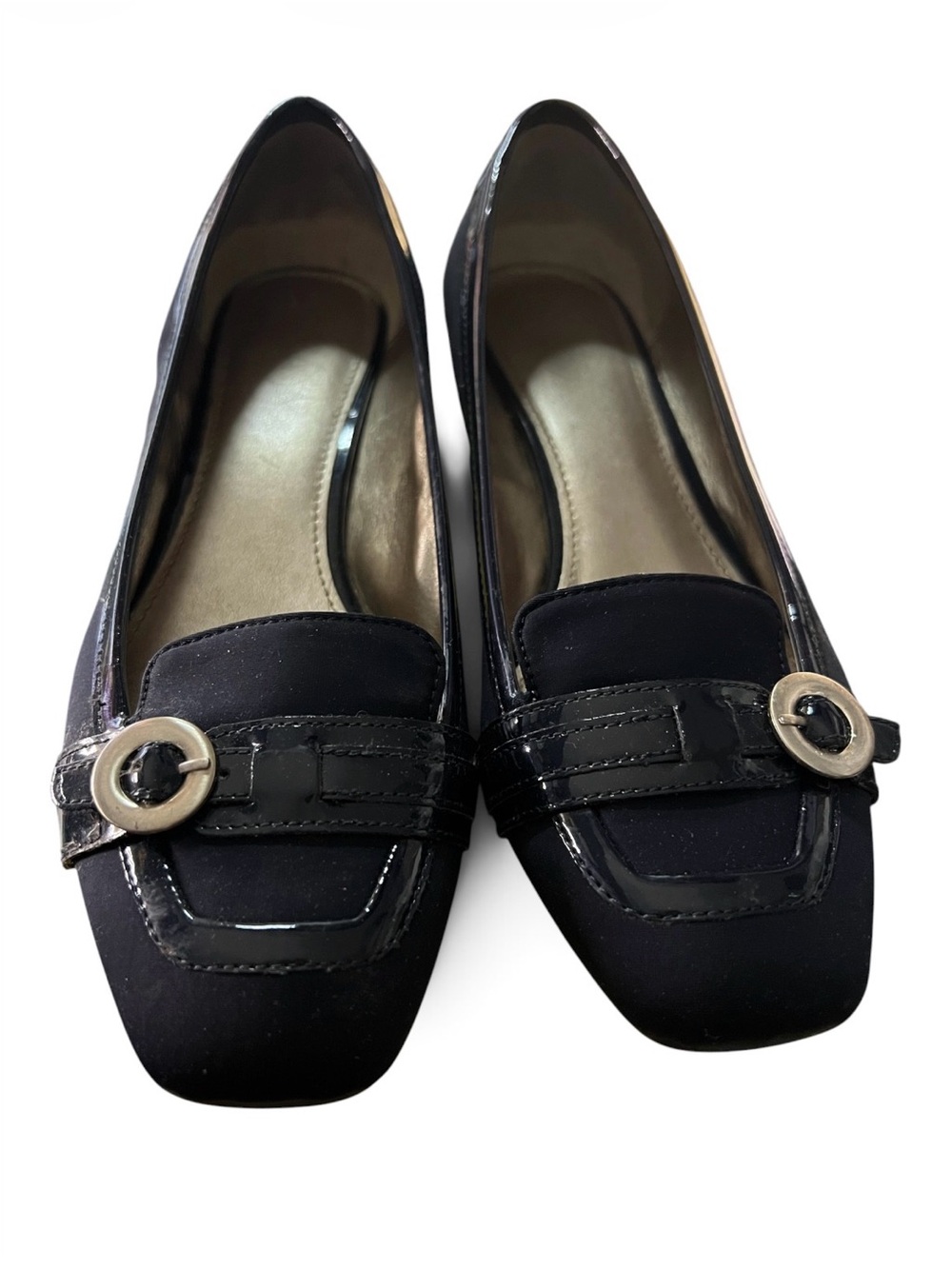 Circa Joan David Comfort 365 Heels Black Nylon Pat. Leather Buckle Shoes Sz 8.5M
